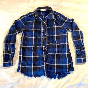 BLUE WESTERN FLANNEL- fringe, western pattern, Unisex size S
